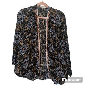 Umgee Cotton Boho Embroidered Soft Open Front Lounge Cardigan Plus 1X/2X